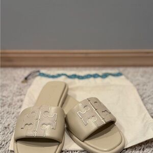 Tory Burch Double-T Monogram Padded Leather Slide Sandal